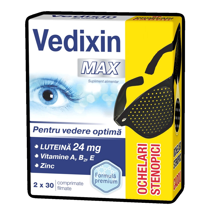 Pachet Vedixin MAX, 30 comprimate + 30 comprimate + Ochelari stenopici,, Zdrovit